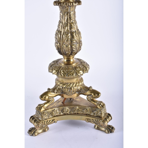 583 - A GOOD LARGE 19TH CENTURY GILT BRONZE COUNTRY HOUSE LAMP overlaid with acanthus. 52 cm high.