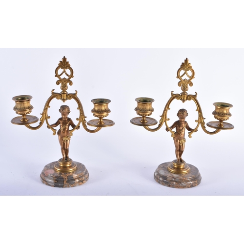 585 - A PAIR OF 19TH CENTURY FRENCH BRONZE TWIN BRANCH CANDLESTICKS. 24 cm x 15 cm.