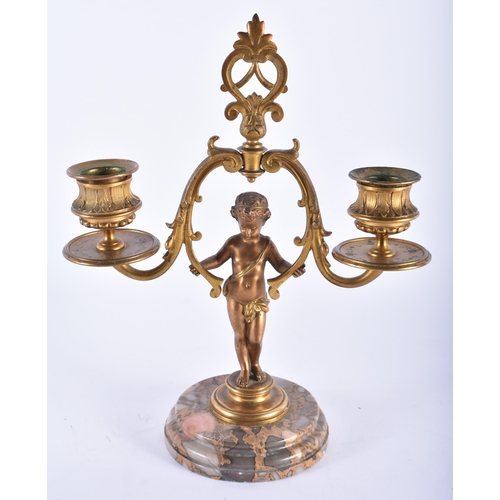 585 - A PAIR OF 19TH CENTURY FRENCH BRONZE TWIN BRANCH CANDLESTICKS. 24 cm x 15 cm.