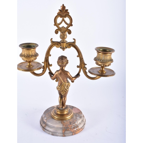 585 - A PAIR OF 19TH CENTURY FRENCH BRONZE TWIN BRANCH CANDLESTICKS. 24 cm x 15 cm.