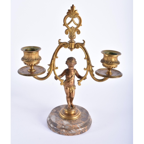 585 - A PAIR OF 19TH CENTURY FRENCH BRONZE TWIN BRANCH CANDLESTICKS. 24 cm x 15 cm.