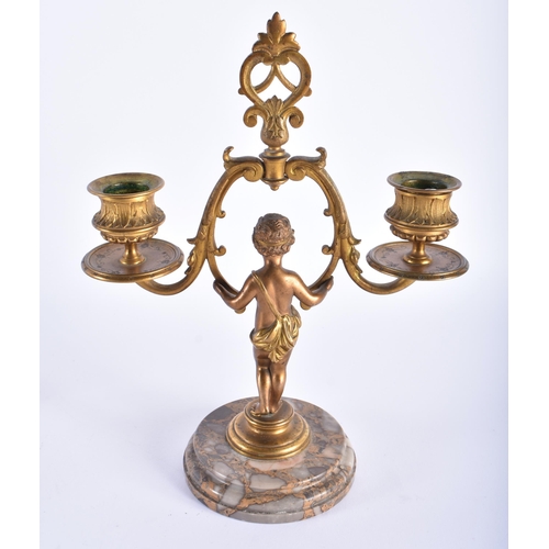 585 - A PAIR OF 19TH CENTURY FRENCH BRONZE TWIN BRANCH CANDLESTICKS. 24 cm x 15 cm.