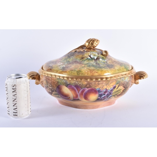 587 - A LARGE ROYAL WORCESTER FRUIT PAINTED PORCELAIN TUREEN AND COVER by J S Kennett. 34 cm x 20 cm.