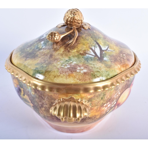 587 - A LARGE ROYAL WORCESTER FRUIT PAINTED PORCELAIN TUREEN AND COVER by J S Kennett. 34 cm x 20 cm.