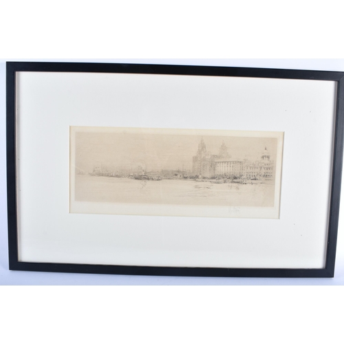 593 - William Walcot RBA RE (1874-1943) , the Liver Building on the Mersey in Liverpool etching signed to ... 