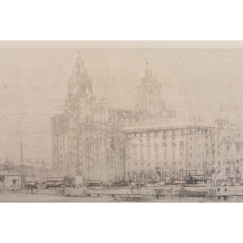 593 - William Walcot RBA RE (1874-1943) , the Liver Building on the Mersey in Liverpool etching signed to ... 