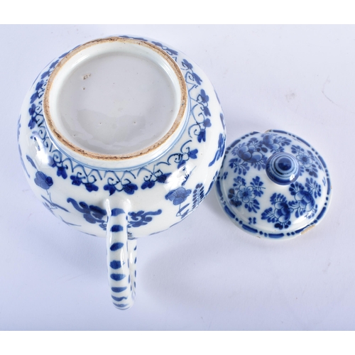 599 - AN 18TH CENTURY DELFT BLUE AND WHITE TIN GLAZED TEAPOT AND COVER painted with flowers. 19 cm wide.