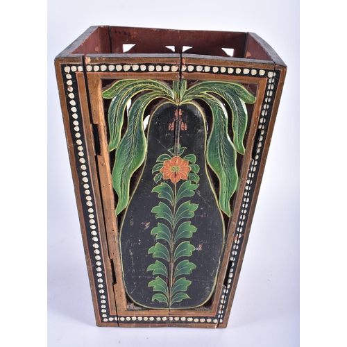 601 - AN INDIAN PAINTED WOOD SQUARE FORM PLANTER painted with figures. 30 cm x 18 cm.