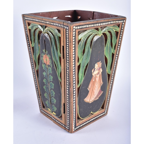 601 - AN INDIAN PAINTED WOOD SQUARE FORM PLANTER painted with figures. 30 cm x 18 cm.