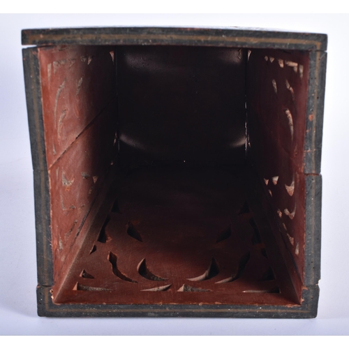 601 - AN INDIAN PAINTED WOOD SQUARE FORM PLANTER painted with figures. 30 cm x 18 cm.