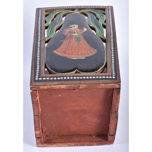 601 - AN INDIAN PAINTED WOOD SQUARE FORM PLANTER painted with figures. 30 cm x 18 cm.