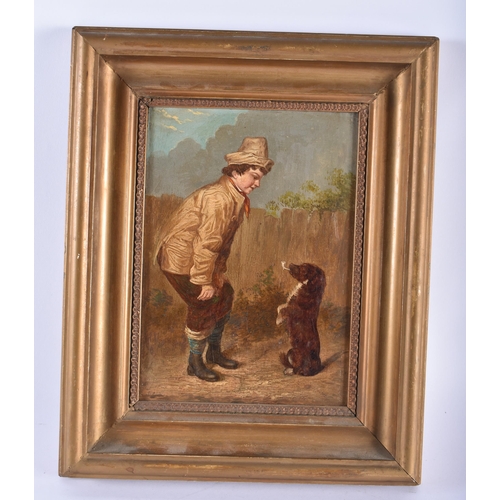 607 - Continental School (19th Century) Oil on board, Figure and smoking hound. 36 cm x 28 cm.