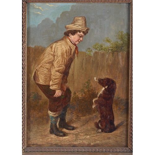 607 - Continental School (19th Century) Oil on board, Figure and smoking hound. 36 cm x 28 cm.