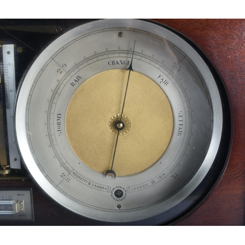 614 - A FINE ANTIQUE NEGRETTI & ZAMBRA WEATHER STATION C1874 with twin silvered dials, central barograph a... 