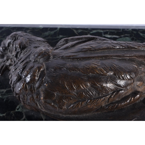 702 - A 19TH CENTURY FRENCH BRONZE AND MARBLE STUDY OF A DEAD GAME BIRD. 21 cm x 9 cm.