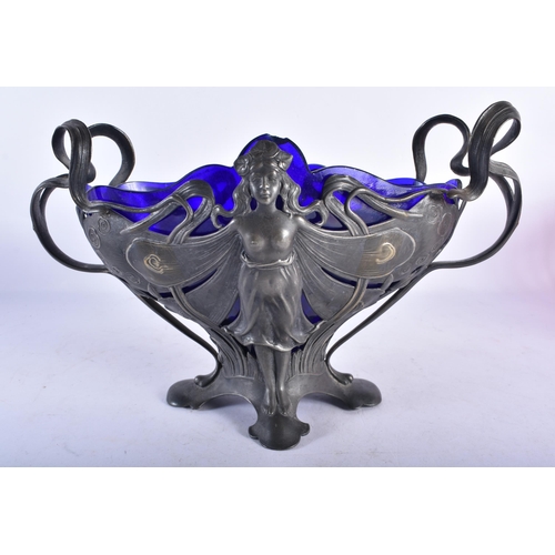 728 - AN ART NOUVEAU TWIN HANDLED PEWTER MAIDEN BOWL. 32 cm x 18 cm.