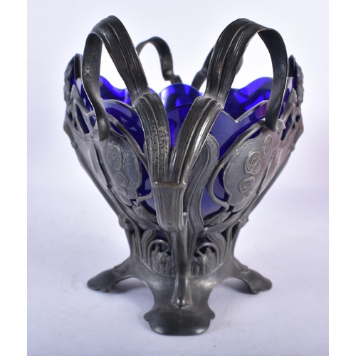 728 - AN ART NOUVEAU TWIN HANDLED PEWTER MAIDEN BOWL. 32 cm x 18 cm.