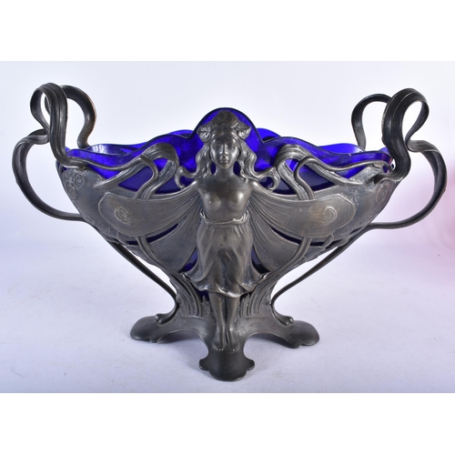 728 - AN ART NOUVEAU TWIN HANDLED PEWTER MAIDEN BOWL. 32 cm x 18 cm.