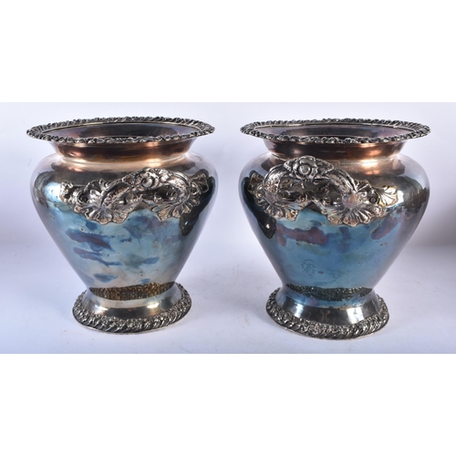 746 - A PAIR OF EARLY 19TH CENTURY ENGLISH OLD SHEFFIELD PLATES BOTTLE HOLDERS overlaid with foliage. 23 c... 