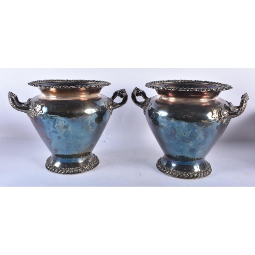 746 - A PAIR OF EARLY 19TH CENTURY ENGLISH OLD SHEFFIELD PLATES BOTTLE HOLDERS overlaid with foliage. 23 c... 