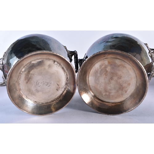 746 - A PAIR OF EARLY 19TH CENTURY ENGLISH OLD SHEFFIELD PLATES BOTTLE HOLDERS overlaid with foliage. 23 c... 