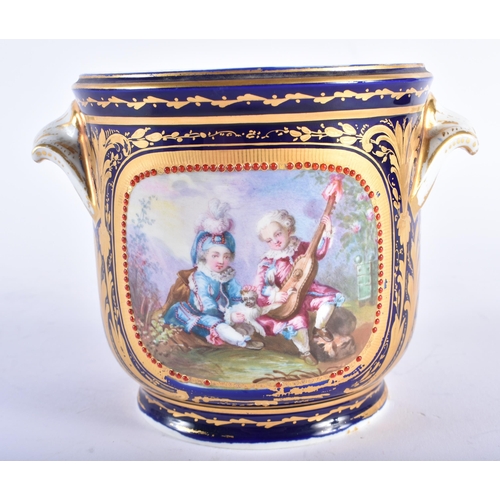 788 - A 19TH CENTURY FRENCH TWIN HANDLED SEVRES PORCELAIN CACHE POT painted with figures and flowers withi... 