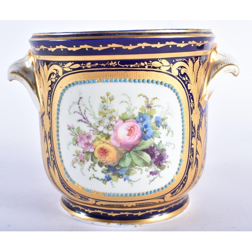 788 - A 19TH CENTURY FRENCH TWIN HANDLED SEVRES PORCELAIN CACHE POT painted with figures and flowers withi... 