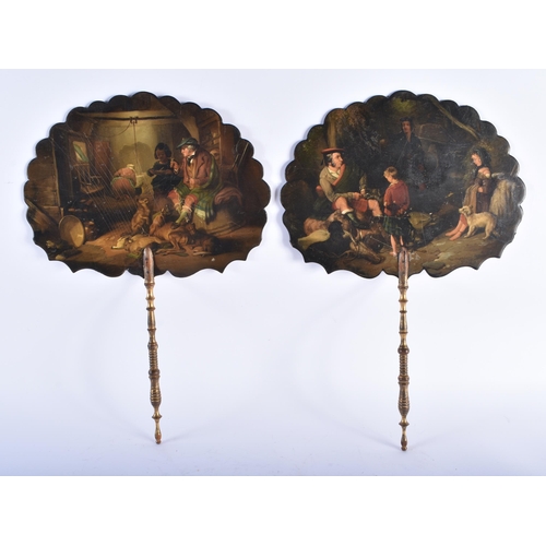 789 - A FINE AND RARE PAIR OF EARL VICTORIAN PAPIER MACHE FANS painted with Scottish interiors views. 40 c... 