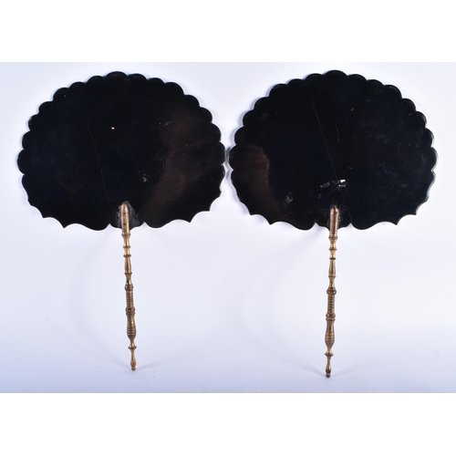 789 - A FINE AND RARE PAIR OF EARL VICTORIAN PAPIER MACHE FANS painted with Scottish interiors views. 40 c... 