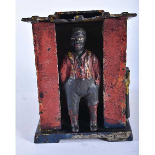 793 - AN UNUSUAL 19TH CENTURY COLD PAINTED CAST IRON MONEY BOX formed as a boy standing at the door of a s... 