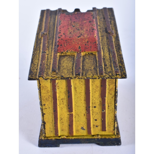 793 - AN UNUSUAL 19TH CENTURY COLD PAINTED CAST IRON MONEY BOX formed as a boy standing at the door of a s... 