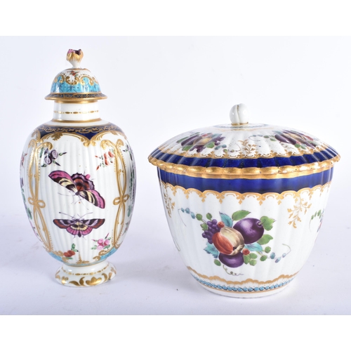 80 - A RARE 18TH CENTURY WORCESTER PORCELAIN TEA CANISTER AND COVER together with a similar ribbed sucrie... 