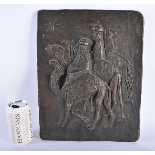 806 - A HEAVY EUROPEAN BRONZE THREE WISE MEN PLAQUE. 36 cm x 26 cm.