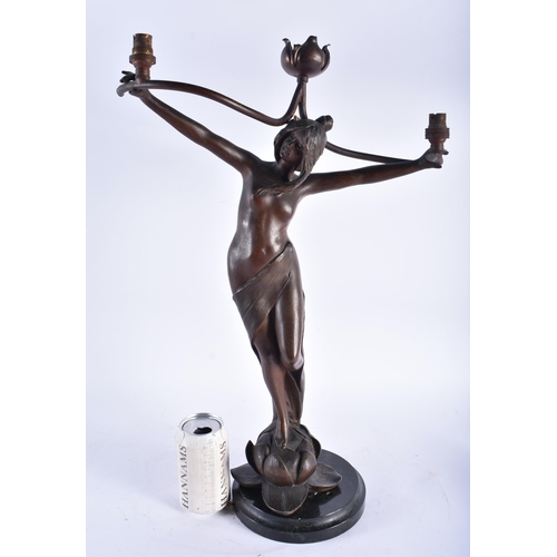 808 - AN ART NOUVEAU SPELTER FIGURAL LAMP. 54 cm x 28 cm.