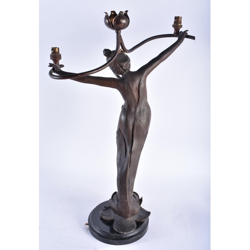 808 - AN ART NOUVEAU SPELTER FIGURAL LAMP. 54 cm x 28 cm.