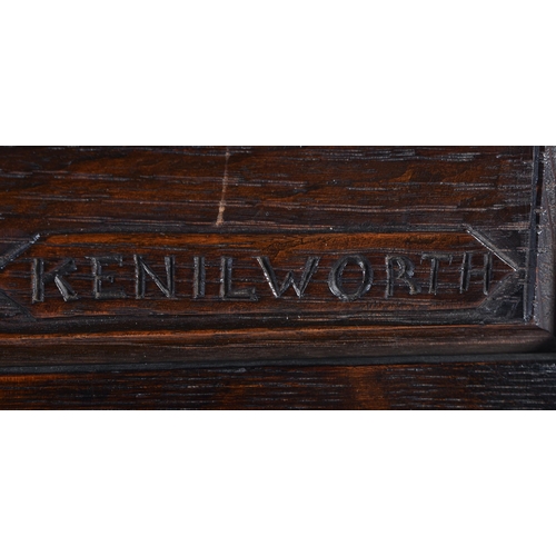 84 - AN ANTIQUE CARVED TREEN OAK WOOD PANEL OF KENILWORTH CASTLE. 34 cm x 28 cm.