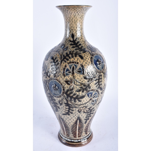 91 - A LARGE DOULTON STONEWARE BALUSTER VASE decorated with roundels and foliage. 38 cm high.