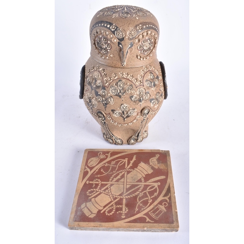 99 - A STUDIO POTTERY DOULTON STYLE POTTERY OWL JAR AND COVER together with a Minton tile. Largest 24 cm ... 