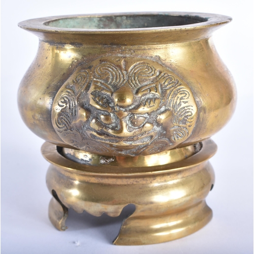 2020 - A 19TH CENTURY CHINESE TWIN HANDLED BRONZE CENSER ON STAND Late Qing. 14 cm wide. (2)