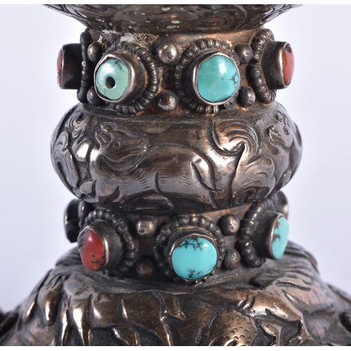 2194 - AN UNUSUAL 19TH CENTURY TIBETAN SILVER MOUNTED SHELL inset with coral and turquoise. 724 grams overa... 