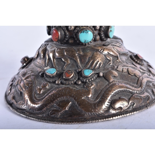 2194 - AN UNUSUAL 19TH CENTURY TIBETAN SILVER MOUNTED SHELL inset with coral and turquoise. 724 grams overa... 