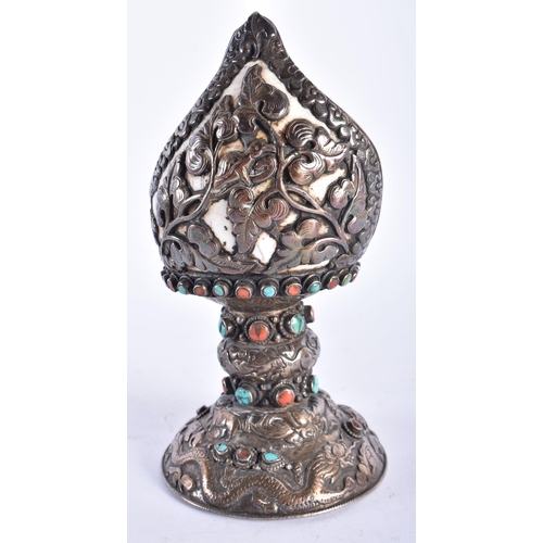 2194 - AN UNUSUAL 19TH CENTURY TIBETAN SILVER MOUNTED SHELL inset with coral and turquoise. 724 grams overa... 