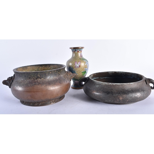 2195 - TWO CHINESE BRONZE CENSERS 20th Century, together with a cloisonne enamel vase. (3)