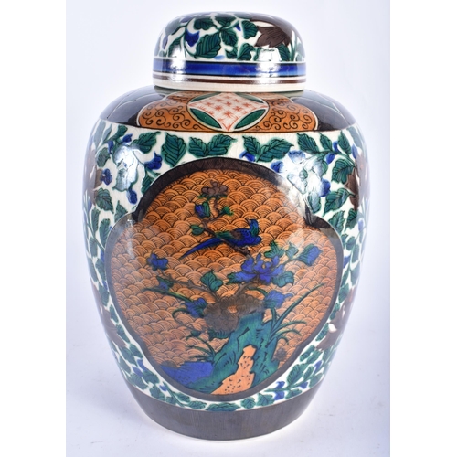 2212 - A LARGE EARLY 20TH CENTURY JAPANESE AO KUTANI GINGER JAR AND COVER painted with birds and flowers. 3... 