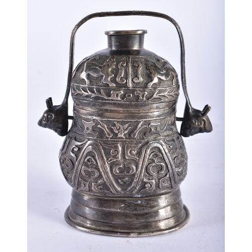 2217 - A 19TH CENTURY CHINESE SILVER ARCHAIC VASE AND COVER Qing. 78.1 grams. 9.25 cm x 7.5 cm.