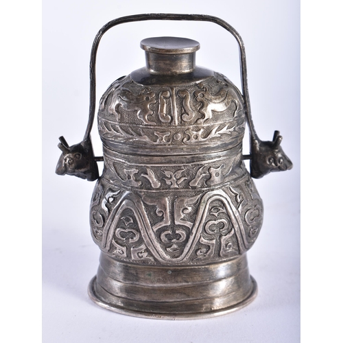 2217 - A 19TH CENTURY CHINESE SILVER ARCHAIC VASE AND COVER Qing. 78.1 grams. 9.25 cm x 7.5 cm.