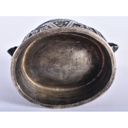 2217 - A 19TH CENTURY CHINESE SILVER ARCHAIC VASE AND COVER Qing. 78.1 grams. 9.25 cm x 7.5 cm.