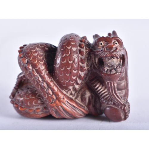 2219 - A JAPANESE CARVED WOOD SNAKE NETSUKE. 29.9 grams. 4 cm x 5.5 cm.