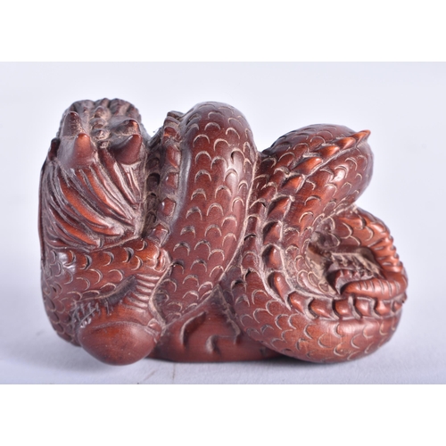 2219 - A JAPANESE CARVED WOOD SNAKE NETSUKE. 29.9 grams. 4 cm x 5.5 cm.