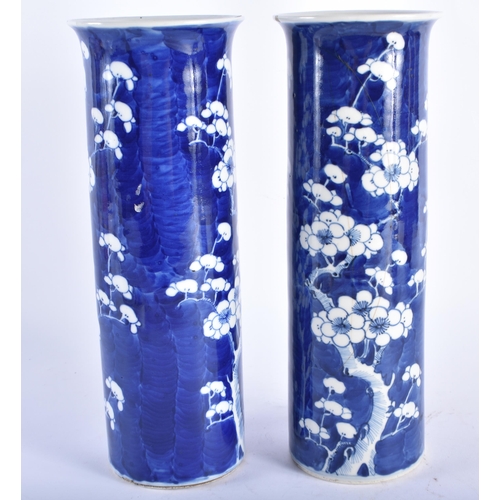 2223 - A PAIR OF 19TH CENTURY CHINESE BLUE AND WHITE PORCELAIN SLEEVE VASES bearing Kangxi marks to base. 3... 